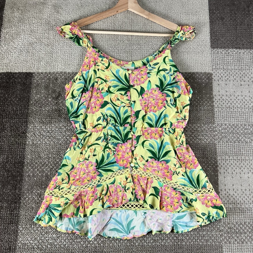 Farm Rio Tropical Floral Ruffle Embroidered Peplum‎ Yellow Pink Sleeveless Top S